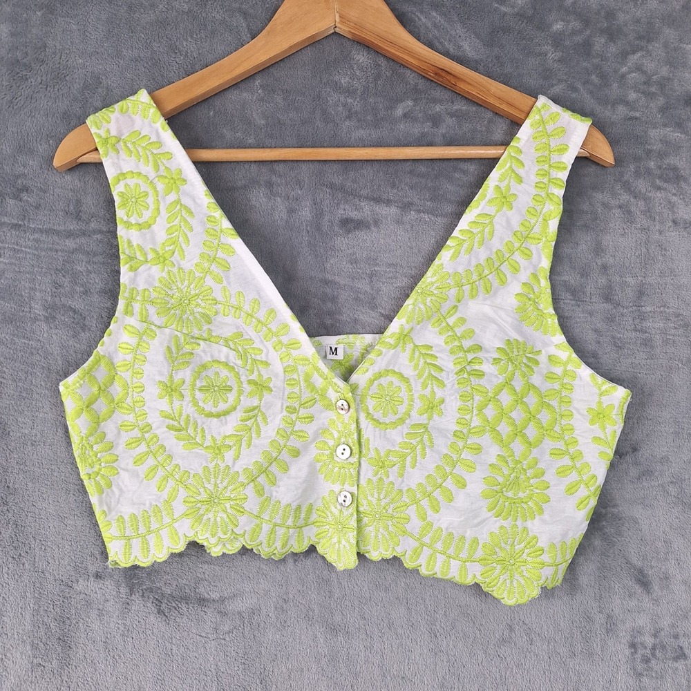 Womens Top Medium Green Cropped Embroidered Floral‎ Coquette Boho Hippie Cottage